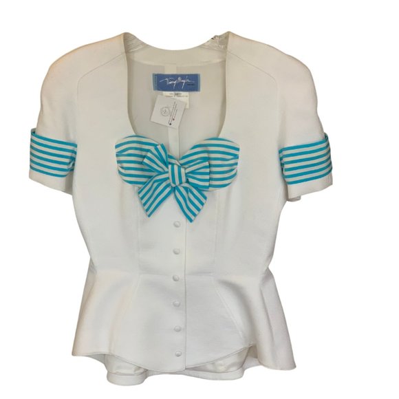 Thierry Mugler Dresses & Skirts - Thierry Mugler Skirt Suit White with White and Blue Strip Bow